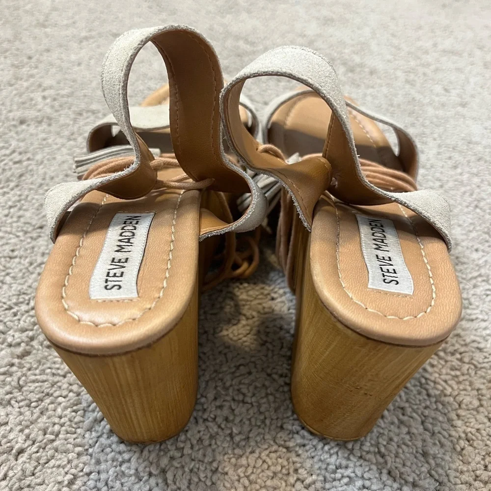 Steve Madden Shannon Suede Leather Tassel Ankle Tie Wooden Platform Wedge Size 9